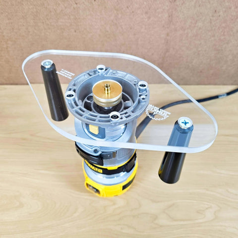 TrimFit Pro Dual Grip Router Base Plate For DeWalt DWP611 And DCW600B with 6x10 clear acrylic, dual handles installed on router