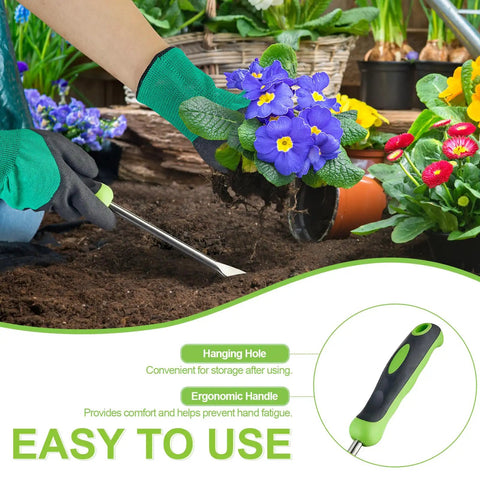 Person using Stand Up Weed Puller Tool With Long Handle For Lawn And Garden, Heavy Duty Stainless Steel Manual Weeder in a flower bed.