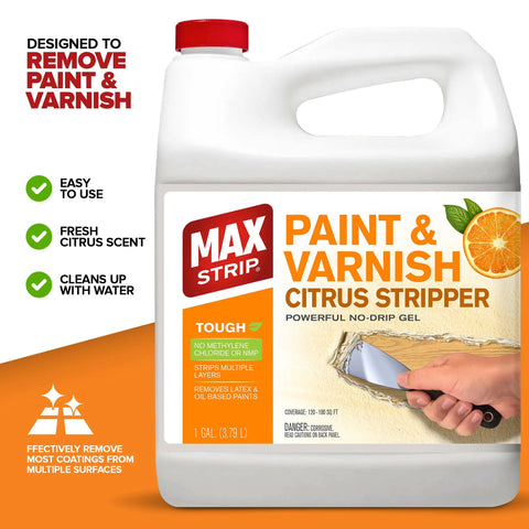 Citrus Paint Stripper Gel For Wood And Metal Surfaces Quick Acting One Application Formula in a gallon jug with citrus scent.
