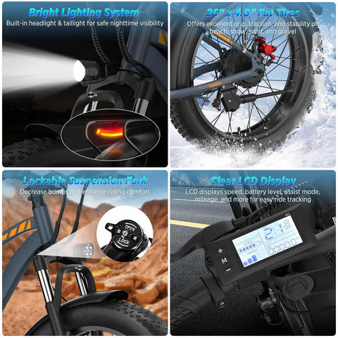All-Terrain Fat Tire Electric Bike For Adults With 1500W Peak Power 30 MPH Top Speed features and visual details including LCD display, tires, and lighting.