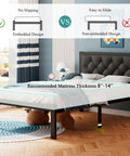 Super Sturdy Twin Size Metal Bed Frame With Faux Leather Platform And Button Tufted Headboard Hella Roomy Underbed Storage Glow Night Light Legs Straight Up Easy Setup No Box Spring Needed Black with mattress thickness guide