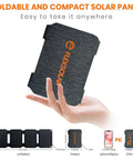 Hand holding 10W Foldable Solar Charger with USB A Output, compact 6.3 inches folded, showing IP67 waterproof panel for camping.