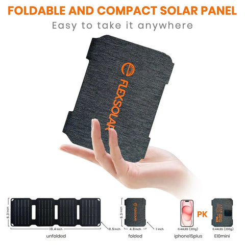 Hand holding 10W Foldable Solar Charger with USB A Output, compact 6.3 inches folded, showing IP67 waterproof panel for camping.