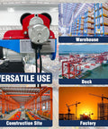 Electric Trolley With 1100 Lb Load Capacity for Power Hoist shown with warehouse, dock, construction site, and factory images.