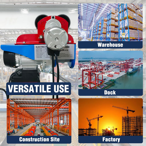 Electric Trolley With 1100 Lb Load Capacity for Power Hoist shown with warehouse, dock, construction site, and factory images.