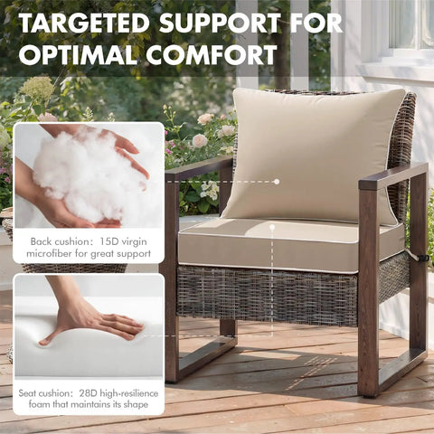 Beige Outdoor Seat Cushion 24 By 24 Inch Waterproof And Fade Resistant Deep Seat And Back Cushion for patio furniture with handle and adjustable straps, shown on outdoor chair.
