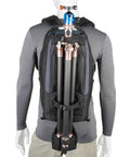 StreetWalker Pro V2 Camera Backpack TT476 with tripod attached, black minimalist design, ergonomic straps, view from backside.