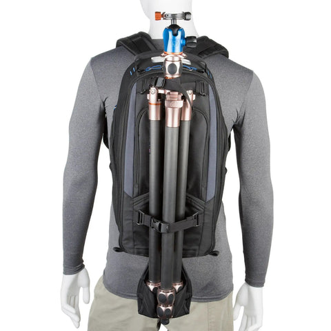 StreetWalker Pro V2 Camera Backpack TT476 with tripod attached, black minimalist design, ergonomic straps, view from backside.