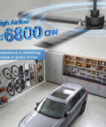 60 Inch No Light Industrial Ceiling Fan Black With Remote And App Control, 6800 CFM DC Motor, installed in garage