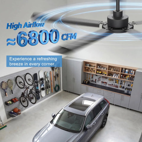60 Inch No Light Industrial Ceiling Fan Black With Remote And App Control, 6800 CFM DC Motor, installed in garage