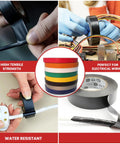 Dope Rainbow Electrical Tape Set Three Quarter Inch By Sixty Six Feet Per Roll Ten Pack Premium Vinyl Synthetic Rubber Insulation Tape UL CSA Listed 600 Volt 80 C UV Resistant Oil Alkaline Acid Resistant shown in various uses.