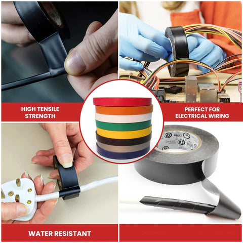 Dope Rainbow Electrical Tape Set Three Quarter Inch By Sixty Six Feet Per Roll Ten Pack Premium Vinyl Synthetic Rubber Insulation Tape UL CSA Listed 600 Volt 80 C UV Resistant Oil Alkaline Acid Resistant shown in various uses.