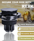 Rexka rocker moulding push-type retainer with sealer, black plastic with foam seal, close-up view