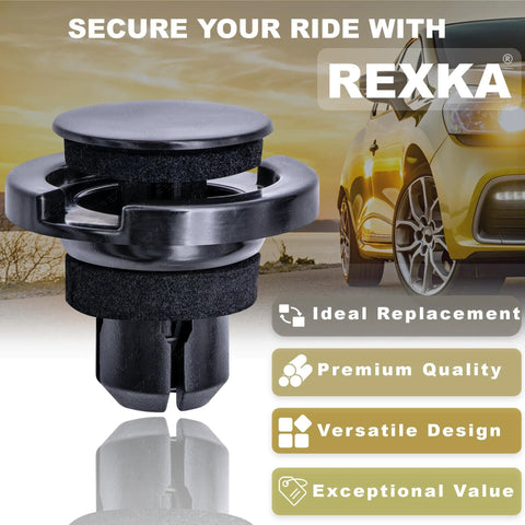 Rexka rocker moulding push-type retainer with sealer, black plastic with foam seal, close-up view