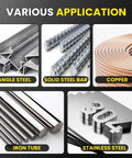 Various applications for angle grinders including angle steel, solid steel bar, copper, iron tube, and stainless steel.
