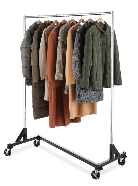 Rock Solid Commercial Garment Rack Features Z Shaped Steel Frame Hauls Three Hundred Pounds Holds Seventy Five Outfits Uses Locking Wheels For Badass Daily Home Or Shop Organization Brings Hella Convenience To Your Space