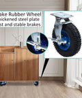 Commercial Grade Heavy Duty Swivel Caster Wheels With Strong Lock Brakes And Silent Pneumatic Air Filled Tires For Rolling Heavy Loads Like A Champ And Quick Install Set Of Two, showcasing a brake rubber wheel with thickened steel plate.