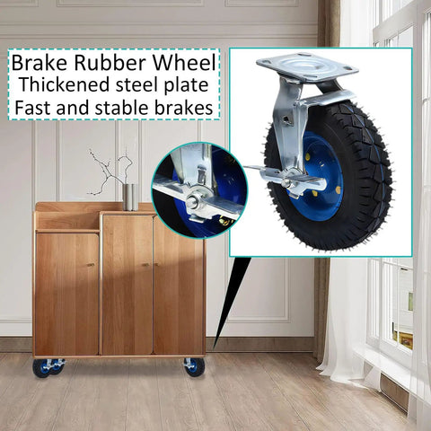Commercial Grade Heavy Duty Swivel Caster Wheels With Strong Lock Brakes And Silent Pneumatic Air Filled Tires For Rolling Heavy Loads Like A Champ And Quick Install Set Of Two, showcasing a brake rubber wheel with thickened steel plate.