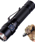Ultra Bright 1800 Lumen LED Tactical Flashlight Beast Bright Beam Rechargeable Waterproof Dual Switch shown with gloved hand