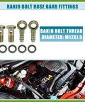 Banjo Bolt Kit M12x1.5 10mm Hose Barb Fittings With Copper Washers For Brake Lines Easy Install upgrade visible with engine view