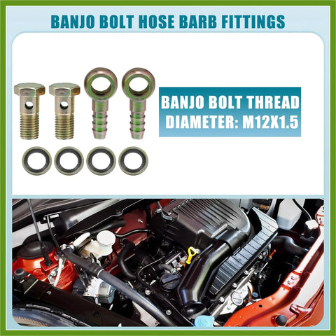 Banjo Bolt Kit M12x1.5 10mm Hose Barb Fittings With Copper Washers For Brake Lines Easy Install upgrade visible with engine view