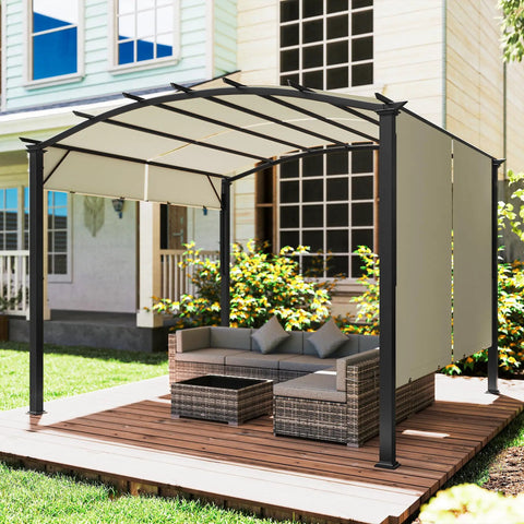 Retractable Pergola Canopy For Outdoor Patio 11 By 11 Feet Arched Sun Shade Shelter With Steel Frame And UV Protected Beige Cover