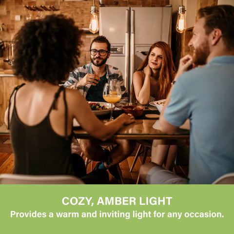 Group of friends dining under Vintage Edison Style LED Bulbs ST58, E26 Dimmable 40W Equivalent, 400LM, 2700K Soft White lighting