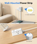 Wall-mounted power strip with dual outlets and flat plug design, ideal for tight spaces and bedside use.