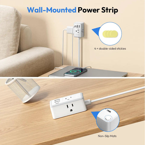 Wall-mounted power strip with dual outlets and flat plug design, ideal for tight spaces and bedside use.