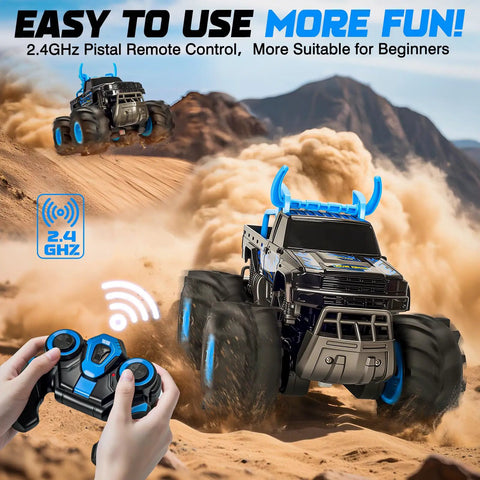 Amphibious One To Sixteen Scale Remote Control Monster Truck With Waterproof Sealed Body driving through sand with controller shown.