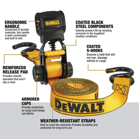 Tough As Nails Ratchet Tie Down Straps One Inch By Ten Feet 1500 Lbs Capacity Six Pack with ergonomic handle and coated hooks.
