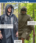 Two individuals wearing Ultra Lite 2 Reusable Waterproof Breathable Poncho with hood and side snaps in wet weather.