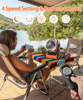20000mAh Rechargeable Camping Fan With Built In Light And Remote at campsite table, showing auto oscillation and remote control