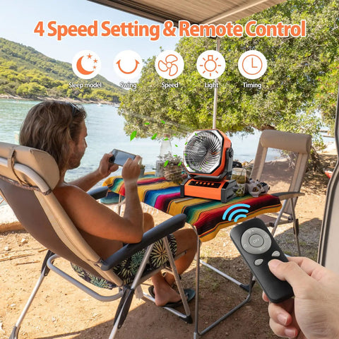 20000mAh Rechargeable Camping Fan With Built In Light And Remote at campsite table, showing auto oscillation and remote control