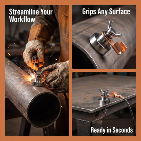 Heavy Duty 6pc Magnetic Welding Ground Clamps With Strong Copper Tail Connectors For Tough Jobs And Cutting Projects The Ultimate Upgrade Toolkits You Need Right Now on metal pipe with sparks.