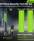 Rock Solid Thirty Six Piece Security Torx Bit Set With Tamper Proof Impact Rated S2 Steel Tips And Heavy Duty Magnetic Pull for drills, detail of sizes.