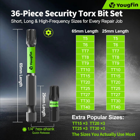 Rock Solid Thirty Six Piece Security Torx Bit Set With Tamper Proof Impact Rated S2 Steel Tips And Heavy Duty Magnetic Pull for drills, detail of sizes.