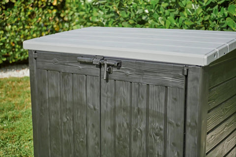 Heavy Duty Black Resin Outdoor Storage Shed With Double Doors And Smooth Roll Tracks For Trash Cans Garden Tools Pool Toys And Yard Gear Real Deal Backyard Flex