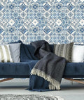Blue Mediterranean Tile Peel And Stick Wallpaper No Mess No Water No Fuss Removable And Repositionable Washable Thick Self Adhesive shown on living room wall with sofa