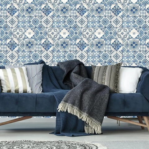 Blue Mediterranean Tile Peel And Stick Wallpaper No Mess No Water No Fuss Removable And Repositionable Washable Thick Self Adhesive shown on living room wall with sofa