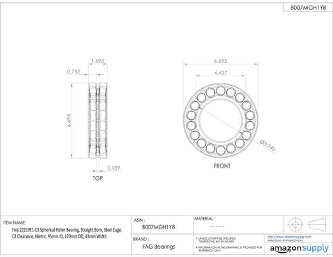 No Compromise Two Row Spherical Roller Bearing With Tight C3 Clearance And Beefed Up Pressed Steel Cage, 95x170mm diagram view.