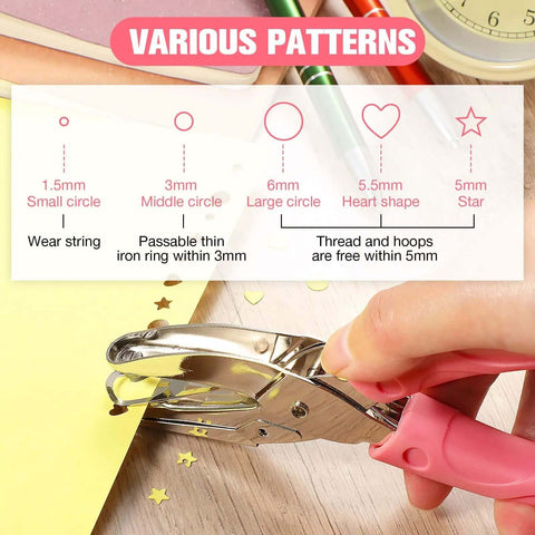 Five Piece Handy Handheld Hole Punch Set with pink soft grip punching star shape into yellow paper for scrapbooking projects