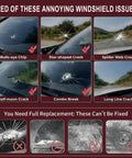 Various types of windshield cracks including bullseye, star-shaped, spider web, half-moon, combo break, and long line crack.