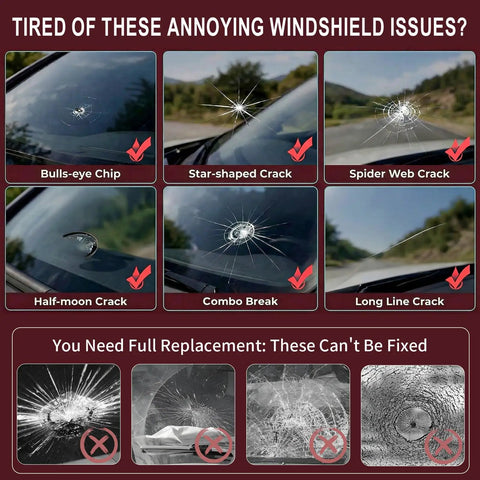 Various types of windshield cracks including bullseye, star-shaped, spider web, half-moon, combo break, and long line crack.