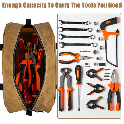 Workhorse Waxed Canvas Tool Tote Bag Set with tools displayed, tan bag with orange and black tools organized outside.