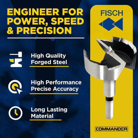 Badass 16 Piece Wave Cutter Forstner Bit Set With Slick Patented Geometry For Dead On Accuracy And Splinter Proof Woodworking Holes In Rugged Custom Wooden Storage Box close-up of forged steel wave cutter bit highlighting precision features.