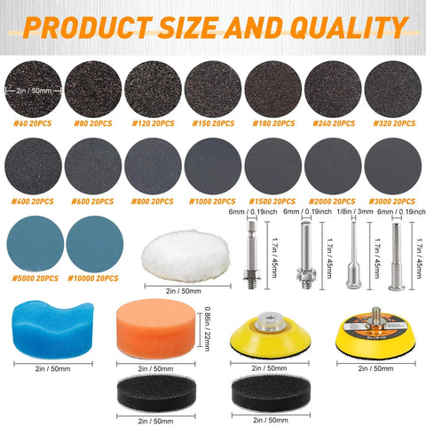 Top Shelf 331 Piece 2 Inch Wet Dry Sanding Disc Kit With 60 To 10000 Grit Assortment; includes polishing pads, foam sponges, shank adapters.