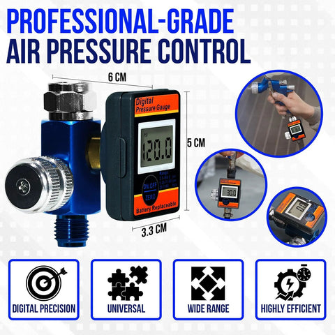 Front view of digital air pressure regulator with LED display gauge, blue metal body, 1/4 NPT outlet.