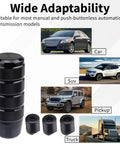 Aluminum Car Shifter Knob With 3 Threaded Adapters M8 M10 M12 1.25 Pitch 3.74 Inch Black Gear Shift Knob For Universal Manual Transmissions Rustproof Smooth Grip Dope Interior Upgrade For Cars And Trucks with various vehicle types in background and "Wide Adaptability" title.