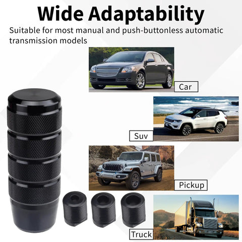 Aluminum Car Shifter Knob With 3 Threaded Adapters M8 M10 M12 1.25 Pitch 3.74 Inch Black Gear Shift Knob For Universal Manual Transmissions Rustproof Smooth Grip Dope Interior Upgrade For Cars And Trucks with various vehicle types in background and "Wide Adaptability" title.